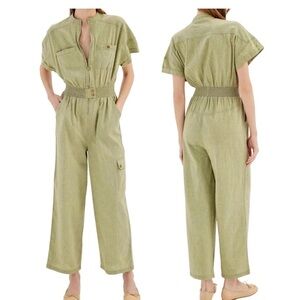 Urban Outfitters Casey Jumpsuit Cotton Linen Cargo Cinch Waist Wide Leg Green S